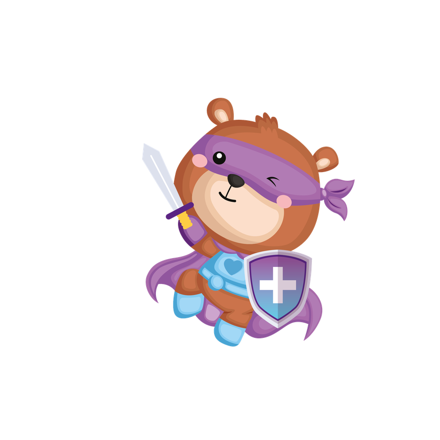 Mascote da Amo Vacinas com escudo de proteção
